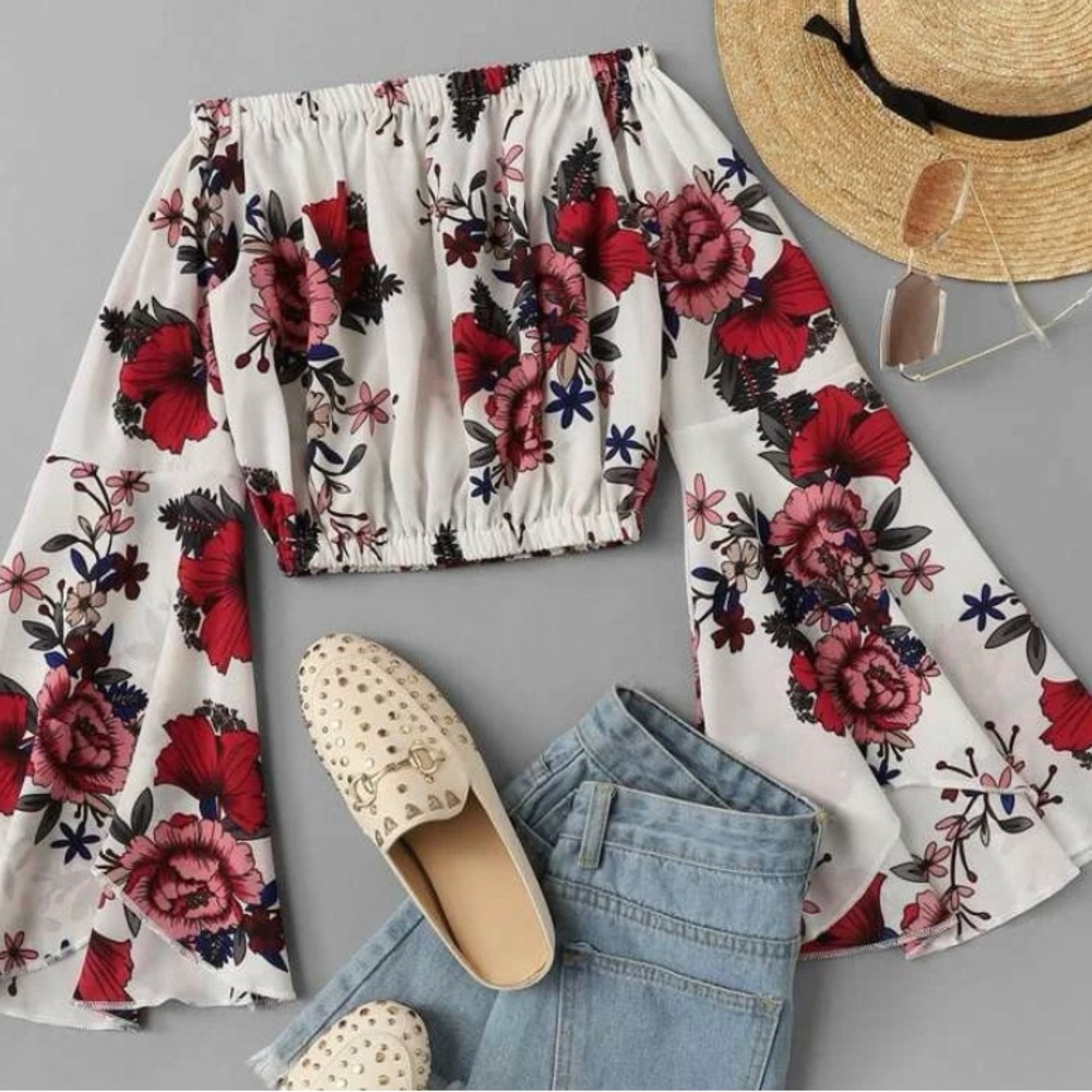 SHEIN flounce sleeve floral Bardot crop top